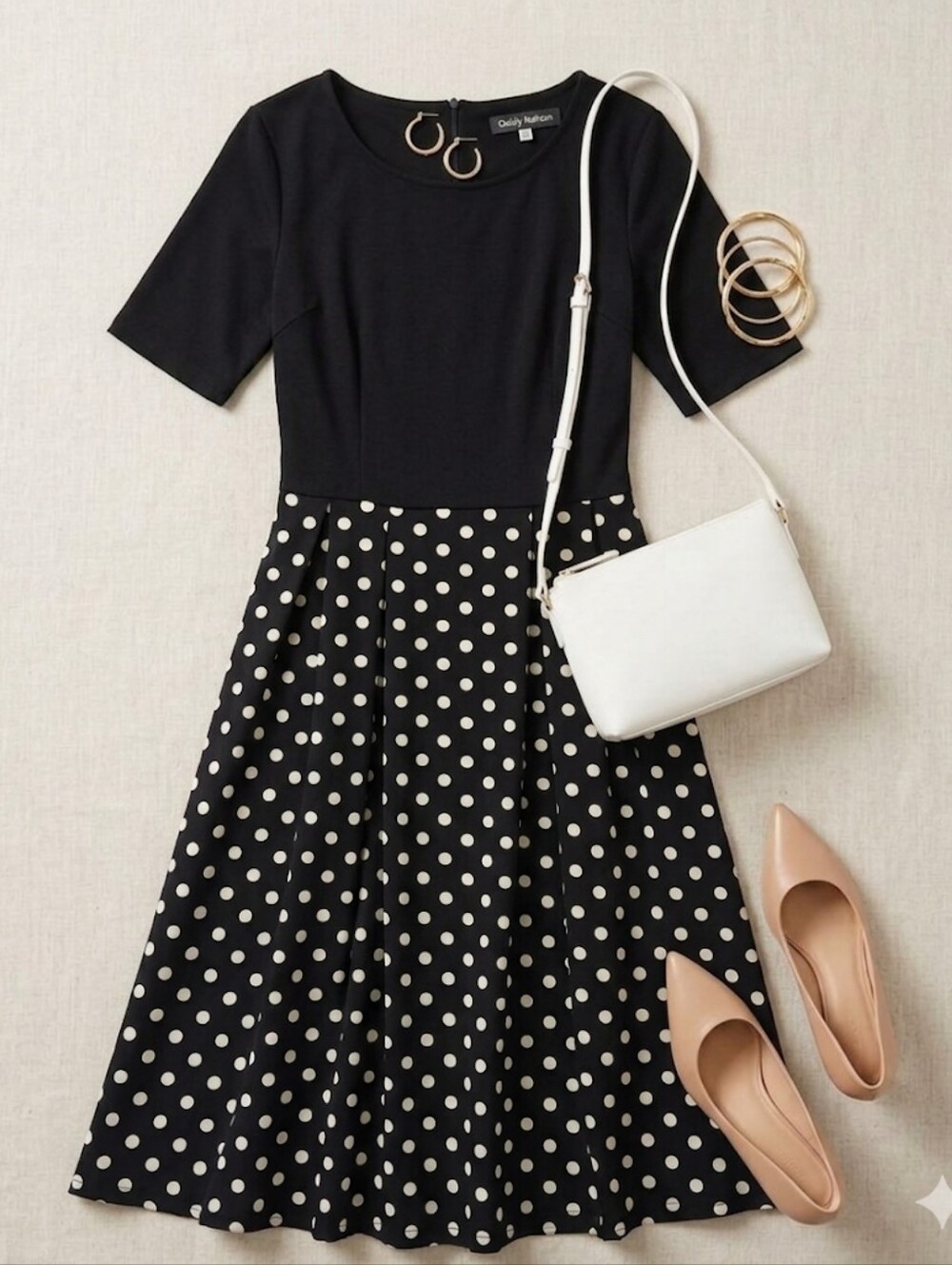 EUC Oxiuly Fashion Black & White Polka Dot A-line Dress, Size Small